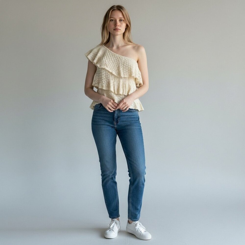Ralph Lauren Hand Knit Silk One Shoulder Boho Tiered Top Women's Small